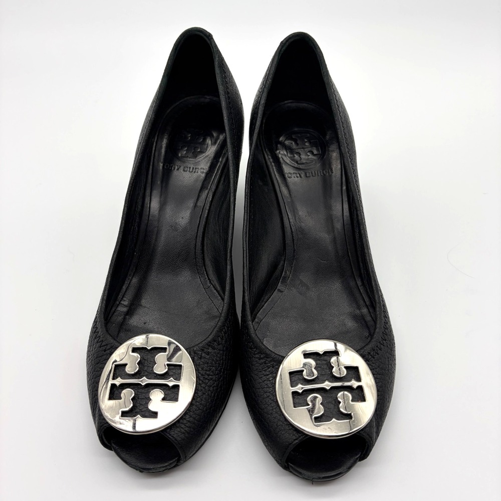 Tory Burch 10M Black Tumbled Leather Sally 2 Wedge Pump Silver Open Toe